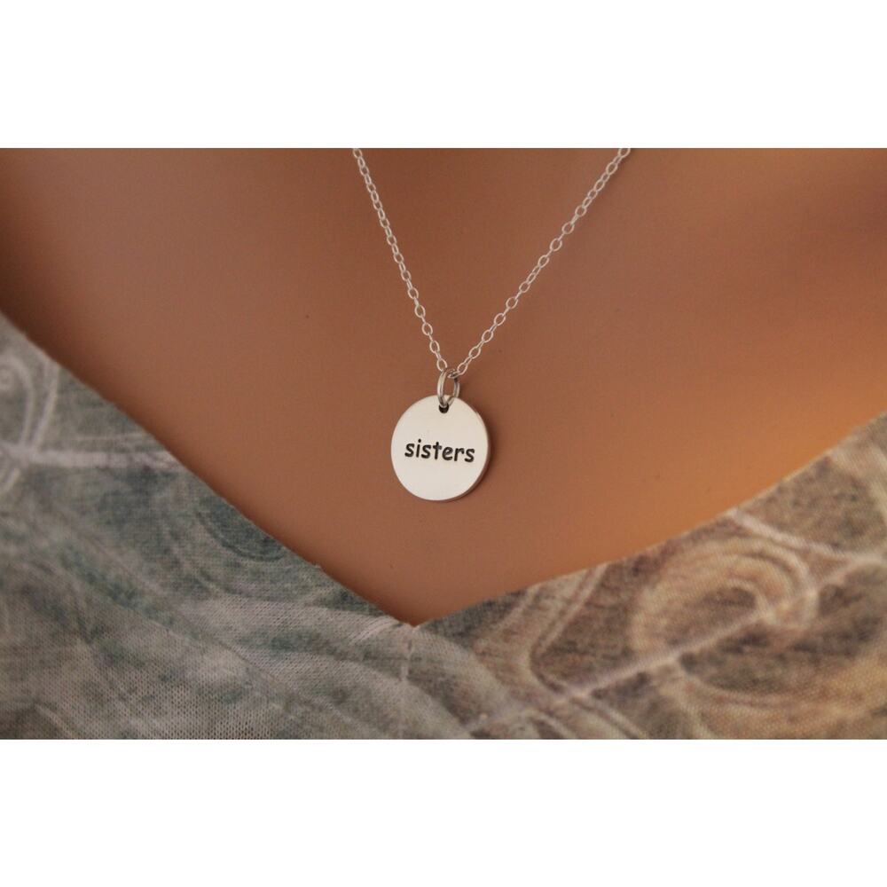 Sterling Silver Sisters Charm Necklace, Sisters Word Charm Necklace